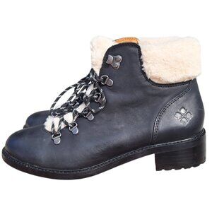 Patricia Nash Luigi Black Leather Lace Up Faux Fur Collar Boots Size 10